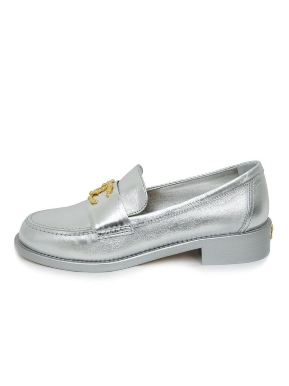 Chanel CC Logo Leather Loafers Silver Gold Hardware 37 1 2 - Picture 1 of 10